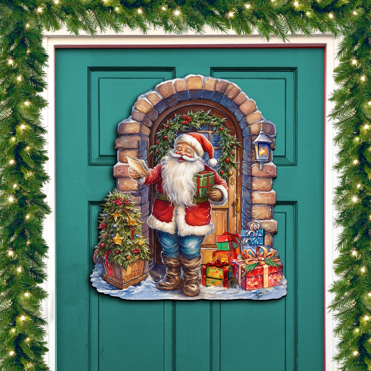 Santa's Surprise Visit Holiday Door Decor by G. Debrekht - Christmas Santa Snowman Decor
