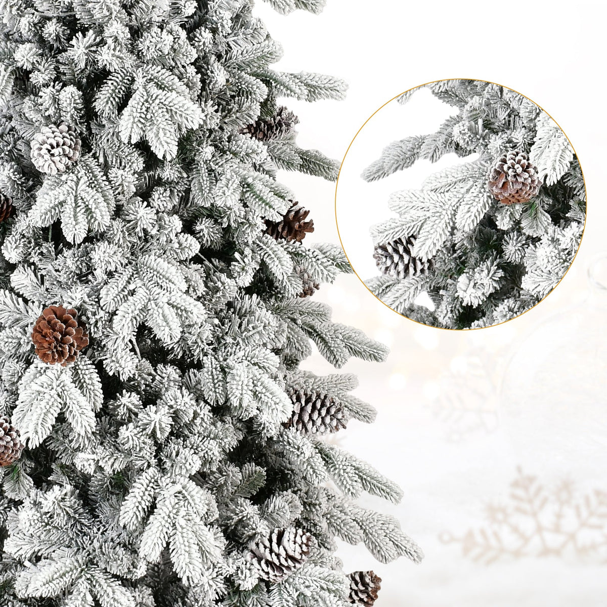 9 Ft Flocked PE/PVC Christmas Tree with Real Pine Cones - Snowy Finish