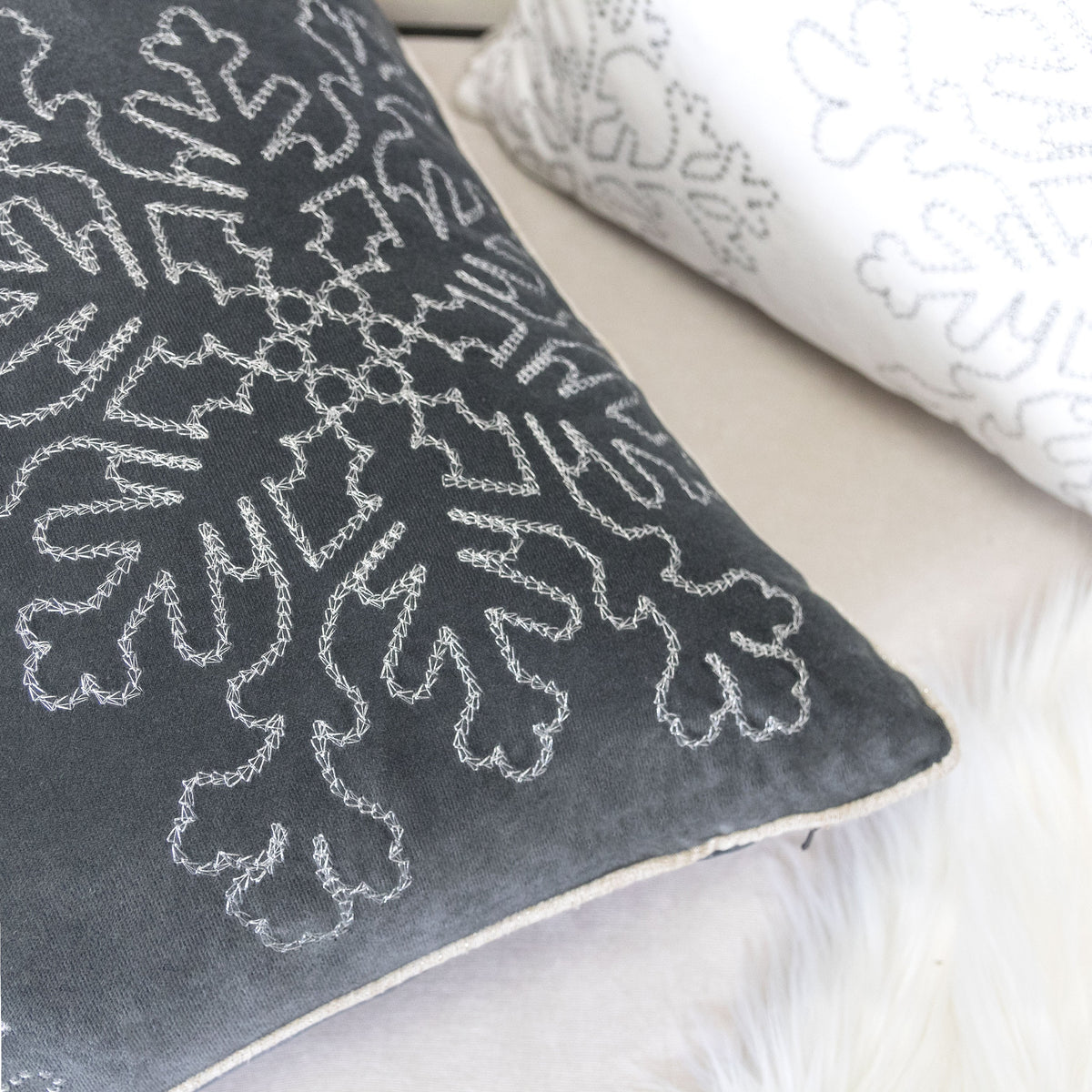 Gray Velvet Holiday Throw Pillow with Insert - Gray