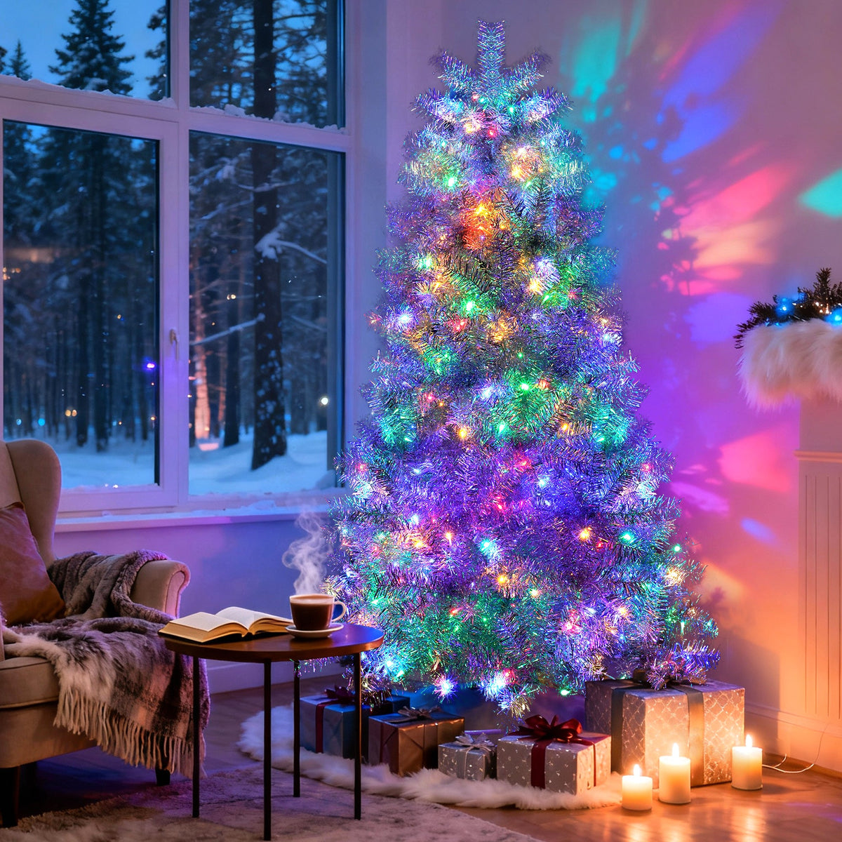 6FT Silver Pre-Lit Artificial Christmas Tree with 300 LED Lights - Silver