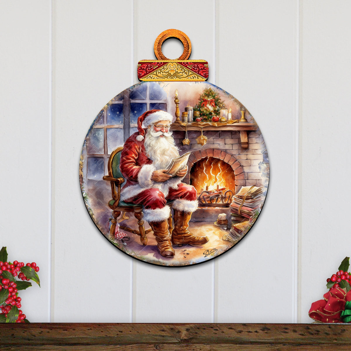 Santa at the Fireplace Wreath Holiday Door Decor by G. Debrekht - Christmas Santa Snowman Decor - 8611089-2H
