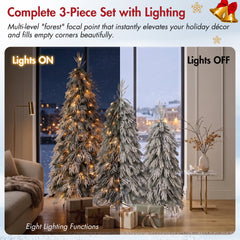 Snowy Cascading Christmas Trees 3-Piece Set with Flocked Hinged Branches - White