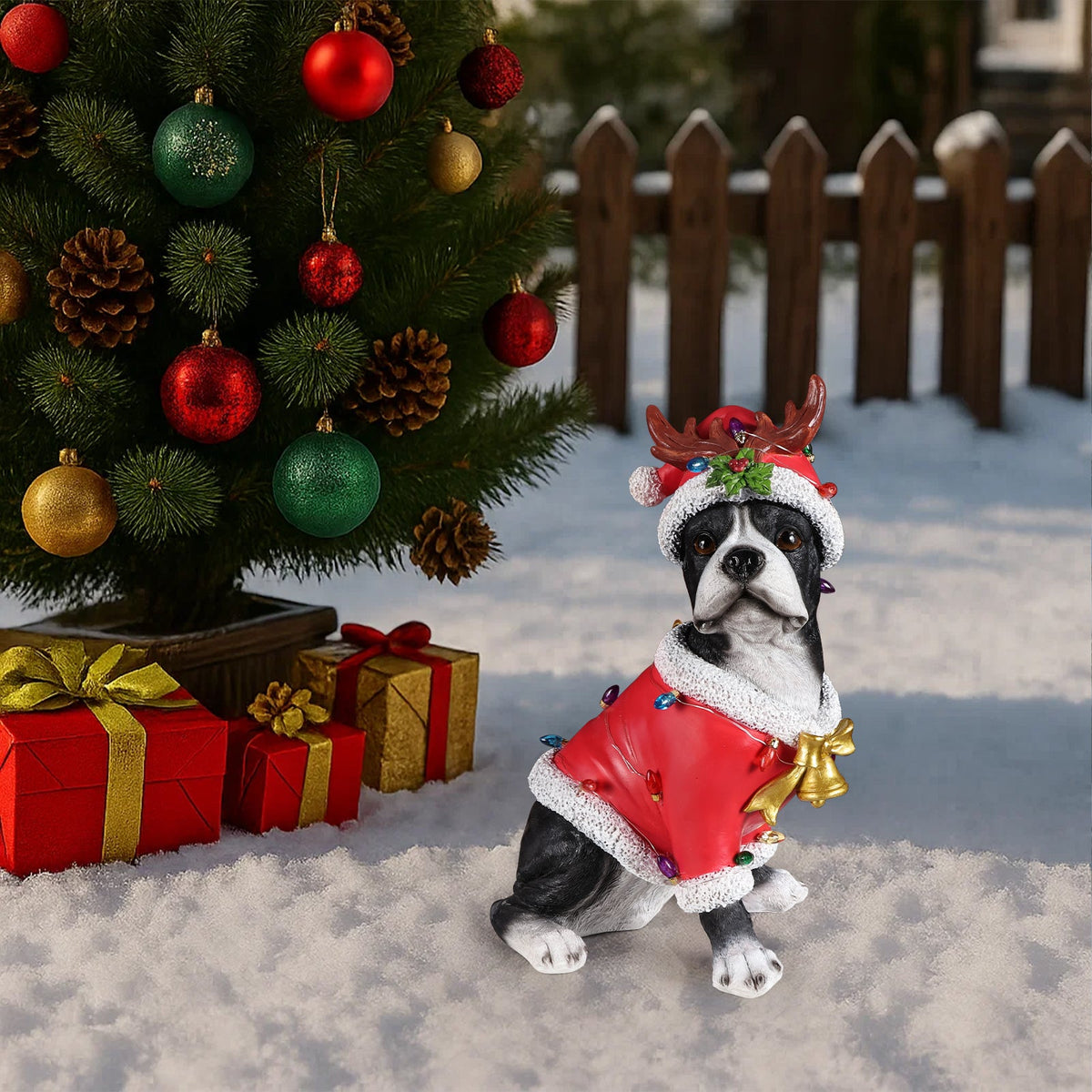 Christmas Boston Terrier Statue with Santa Outfit - Red & White