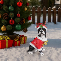 Christmas Boston Terrier Statue with Santa Outfit - Red & White