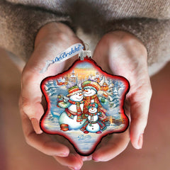 Cheerful Snowmen Snowflake Glass Ornament by G. Debrekht - Christmas Santa Snowman Decor - 754-046