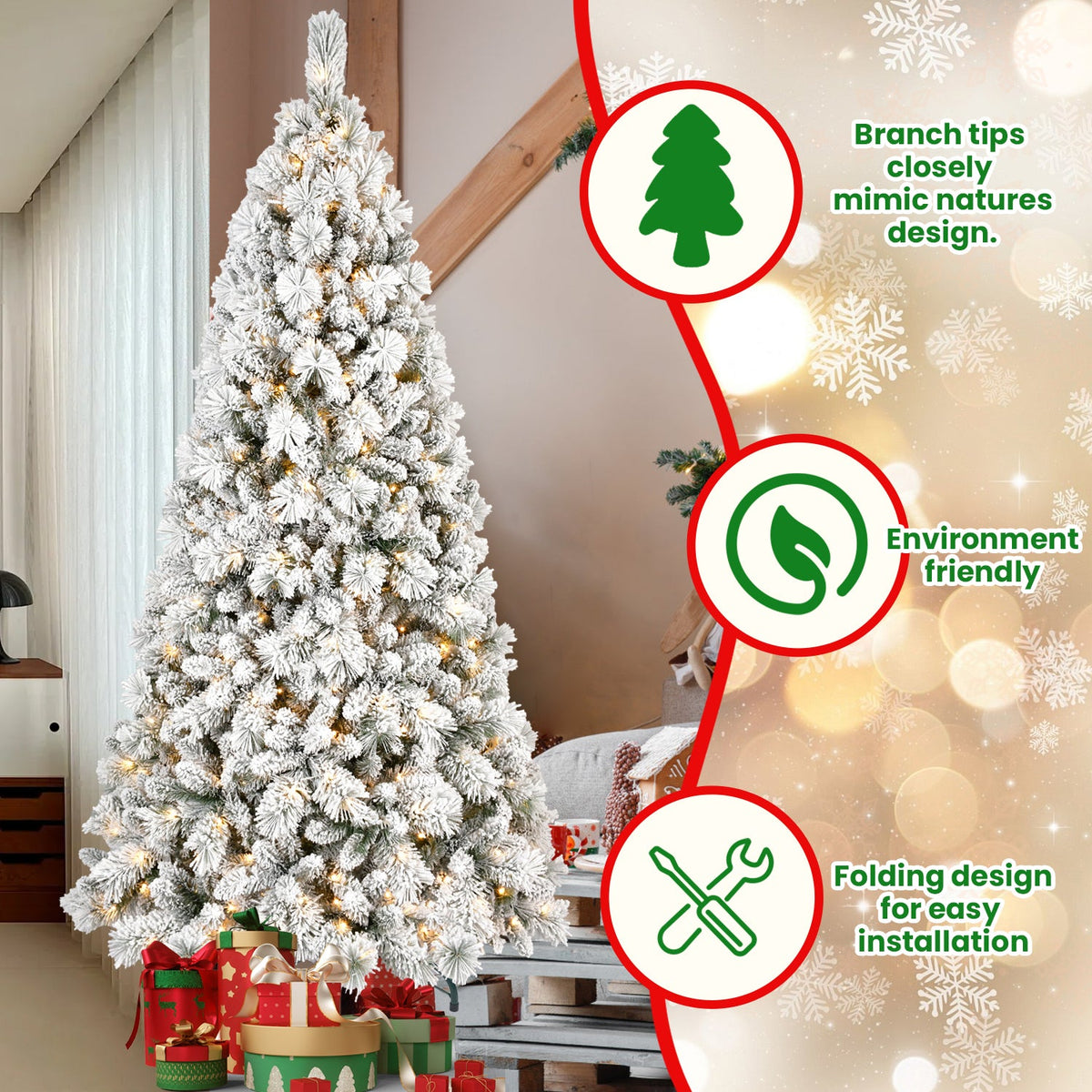 6FT Flocked Christmas Tree with 350 Warm LED Lights - Snowy Finish