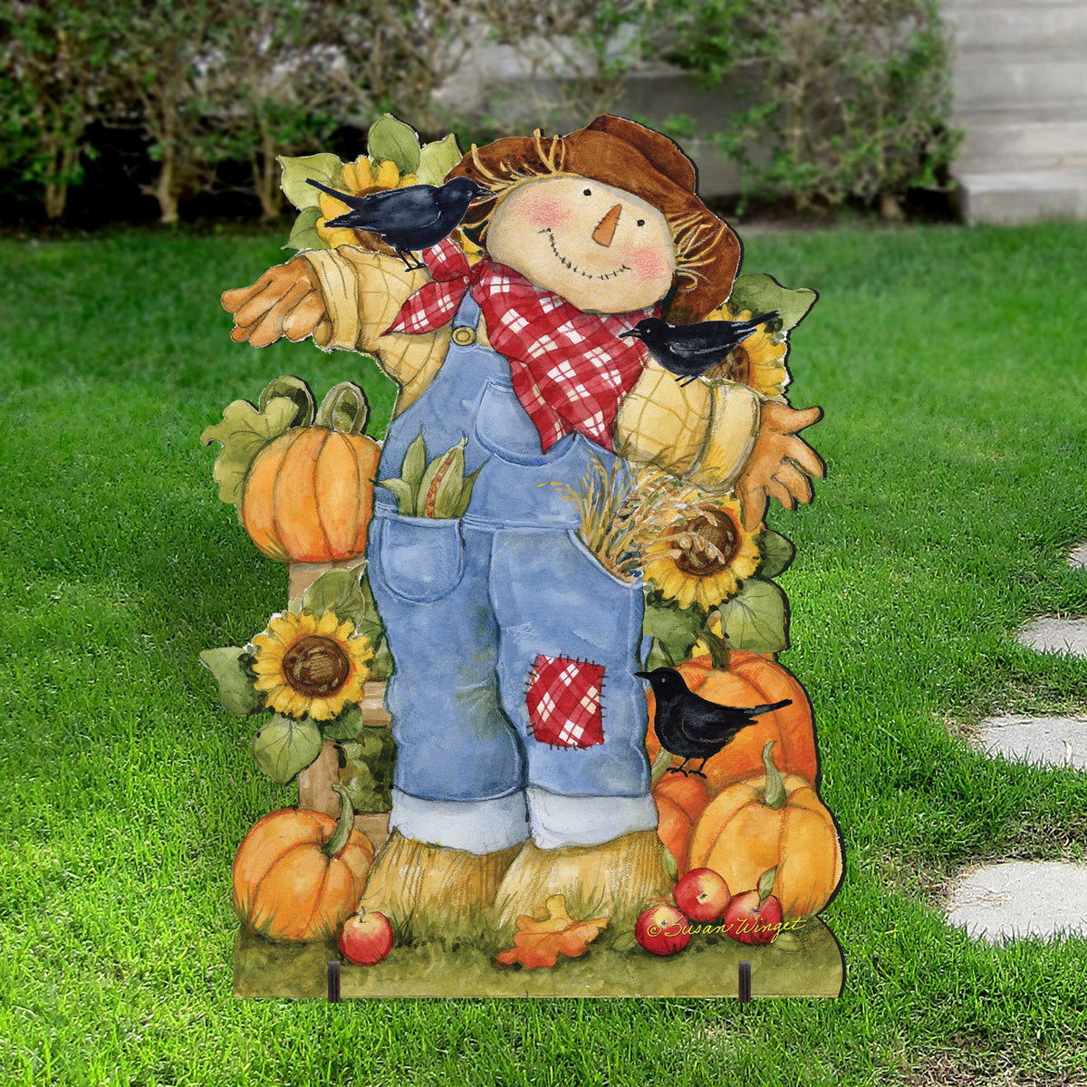 Front Yard Fall Decoration - Harvest Scarecrow - Freestanding - Handmade Gift - Garden Autumn Adornment by Susan Winget