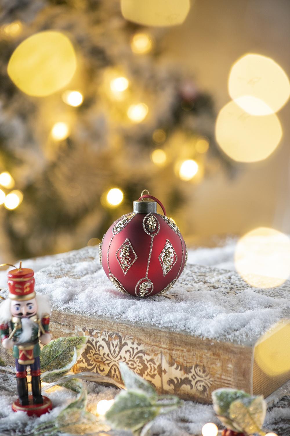 Red Glass Christmas Ball Ornaments with Glitter Detail - Red
