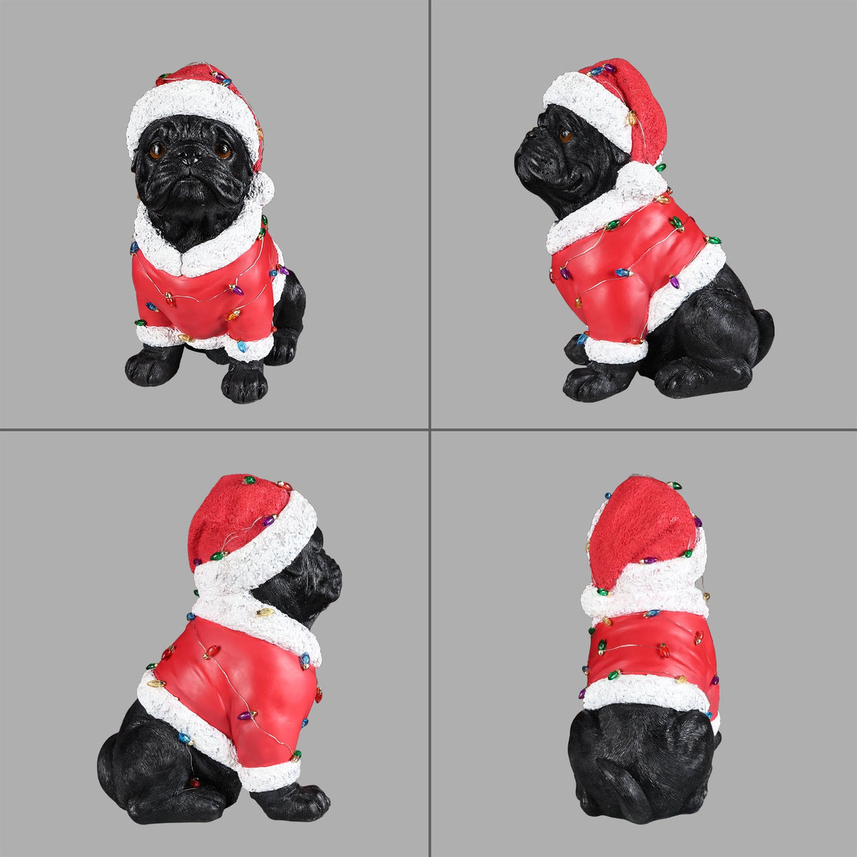 Christmas Pug Statue with Detailed Santa Outfit - Red