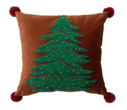 Fennco Styles Embroidered Christmas Tree Filled Throw Pillow with Pom Pom 18" W x 18" L - White Festive Cushion for Home, Christmas, Winter Holidays Décor, and Special Occasions