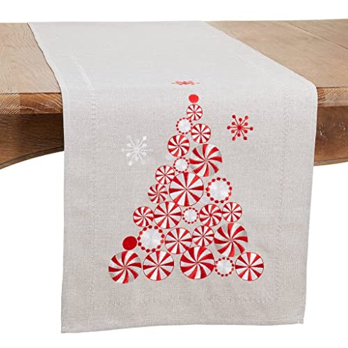 Fennco Styles Embroidered Peppermint Holiday Table Runner 16" W x 72" L - Silver Festive Table Cover for Christmas, Family Gathering, Banquets and Special Events
