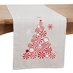 Fennco Styles Embroidered Peppermint Holiday Table Runner 16" W x 72" L - Silver Festive Table Cover for Christmas, Family Gathering, Banquets and Special Events