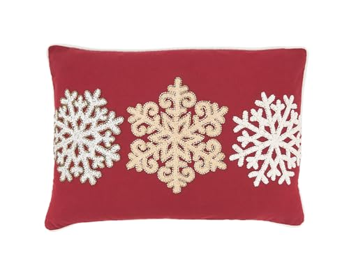 Fennco Styles Embroidered Snowflakes Cotton Throw Pillow Cover 14" W x 20" L - Red Holiday Cushion Case for Christmas, Couch, Bedroom, Living Room and Office Décor