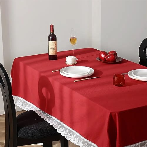 Fennco Styles White Lace Trimmed Red Holiday Cotton Woven Tablecloth 40" W x 58" L - Solid Color Table Cover for Christmas, Wedding Décor, Banquets and Family Gatherings