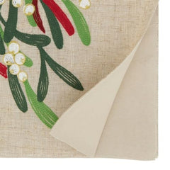 Fennco Styles Merry Christmas Ribbon Table Runner 16" W x 70" L - Natural Festive Linen Blend Table Cover for Winter Holidays Décor, Dining Table, Banquet, Family Gathering, and Special Occasions