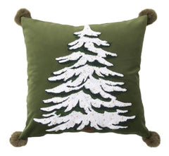 Fennco Styles Embroidered Christmas Tree Filled Throw Pillow with Pom Pom 18" W x 18" L - White Festive Cushion for Home, Christmas, Winter Holidays Décor, and Special Occasions