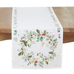 Fennco Styles Red Berry Wreath Table Runner 16" W x 72" L - White Table Cover for Dining Table, Banquets, Christmas, Winter Holiday Décor, Family Gatherings, and Special Events