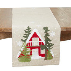 Fennco Styles Snow House Christmas Table Runner 16" W x 70" L - Natural Linen Blend Table Cover for Winter Holiday, Home Décor, Banquet, Family Gathering, Holiday and Special Occasion