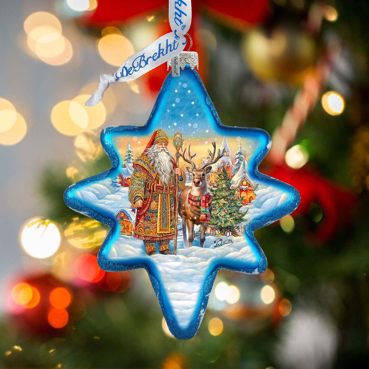 Santa with Reindeer Star Glass Ornament by G. Debrekht - Christmas Santa Snowman Decor - 755-050