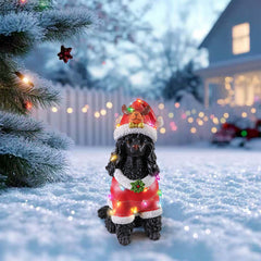 Festive Black Poodle Christmas Statue with Santa Outfit - Black+Red