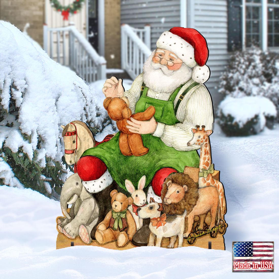 Merry Christmas Outdoor Scene with Santa and Snowman Decor by Susan Winget