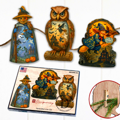 Halloween Clip-On Eco Wood Decorative Ornaments Set of 3 – Scarecrow, Owl & Witch – Handcrafted Décor by G. DeBrekht – 8091049C-S3