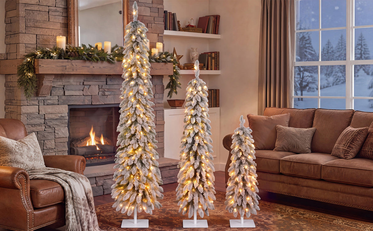 Snow Flocked Pre-Lit Pencil Christmas Tree with Warm LED Lights - White