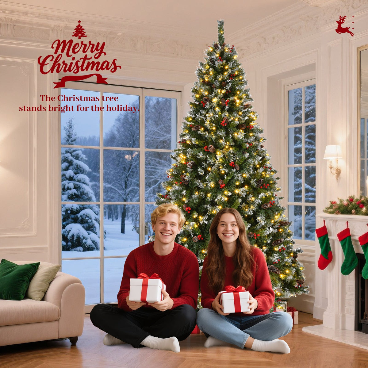 9-Foot Pre-Lit Pre-Decorated Pine Artificial Christmas Tree, 600 Lights, Green