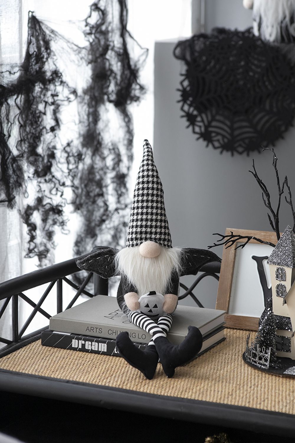 Sitting Gnome With Wings & Plaid Hat, For Halloween Decor