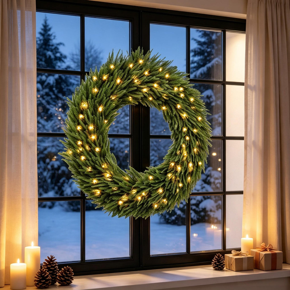 36-Inch Pre-Lit Christmas Wreath with Warm White Lights - Green