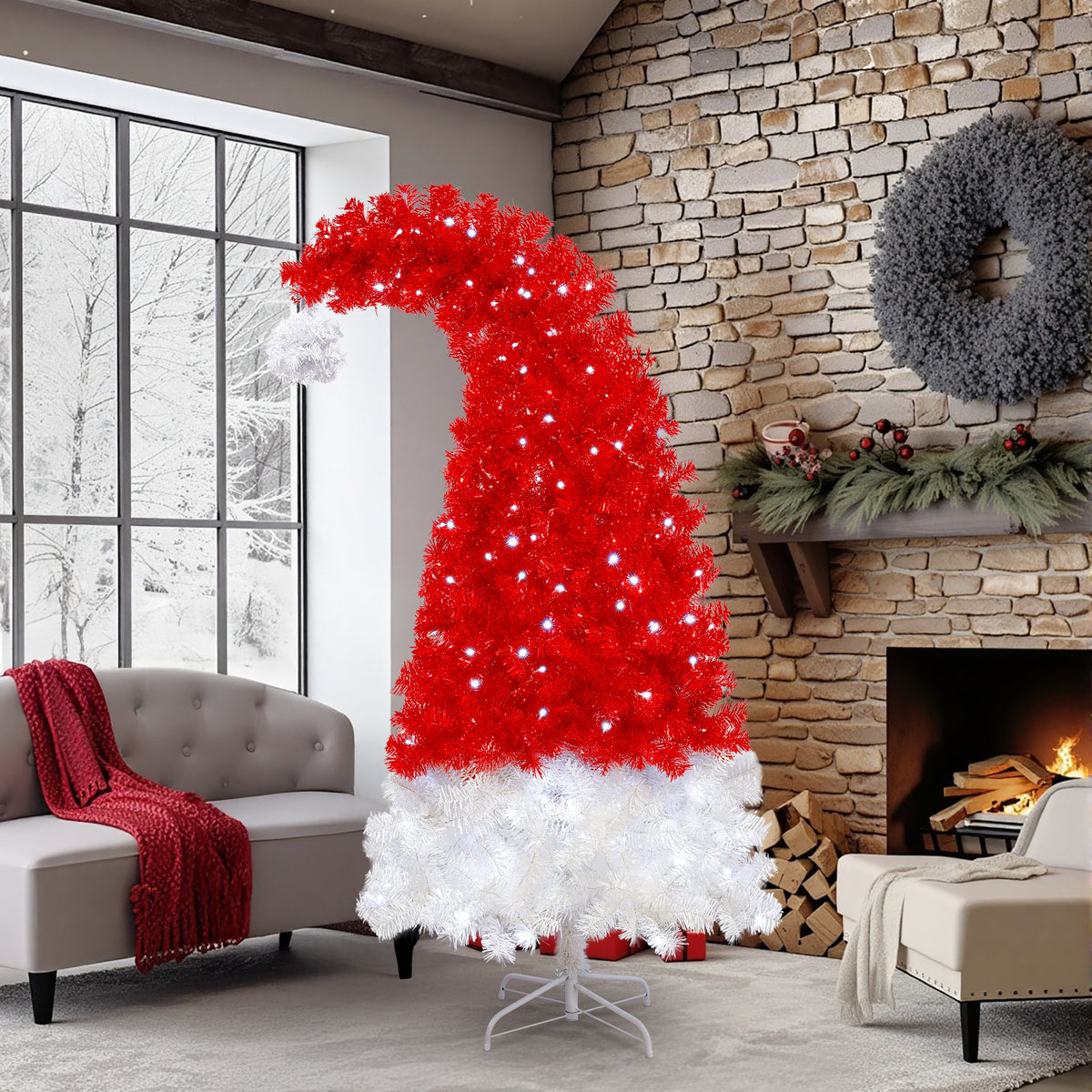 6FT Artificial Christmas Tree with LED Light - Santa's Hat Shape