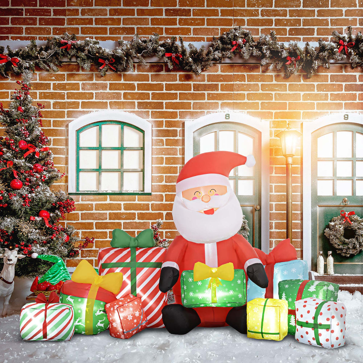 Inflatable Santa Claus with Gift Boxes and LED Lights - Red/White