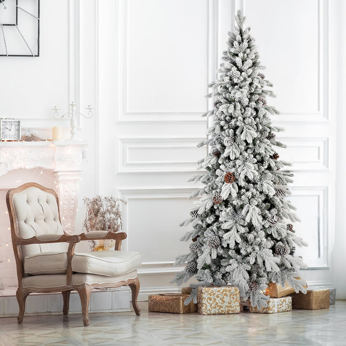 9 Ft Flocked PE/PVC Christmas Tree with Real Pine Cones - Snowy Finish