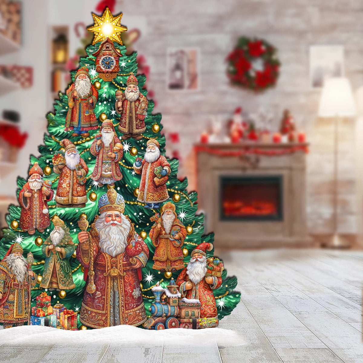 Santa-Themed Christmas Tree Outdoor Indoor Decor Wooden Christmas Decoration by G. Debrekht Christmas Decor