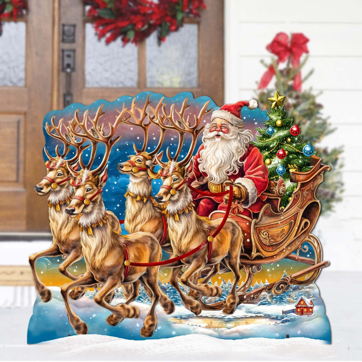 Santa in Sleigh Outdoor Decor by G. Debrekht - Christmas Santa Snowman Decor - 8611037F