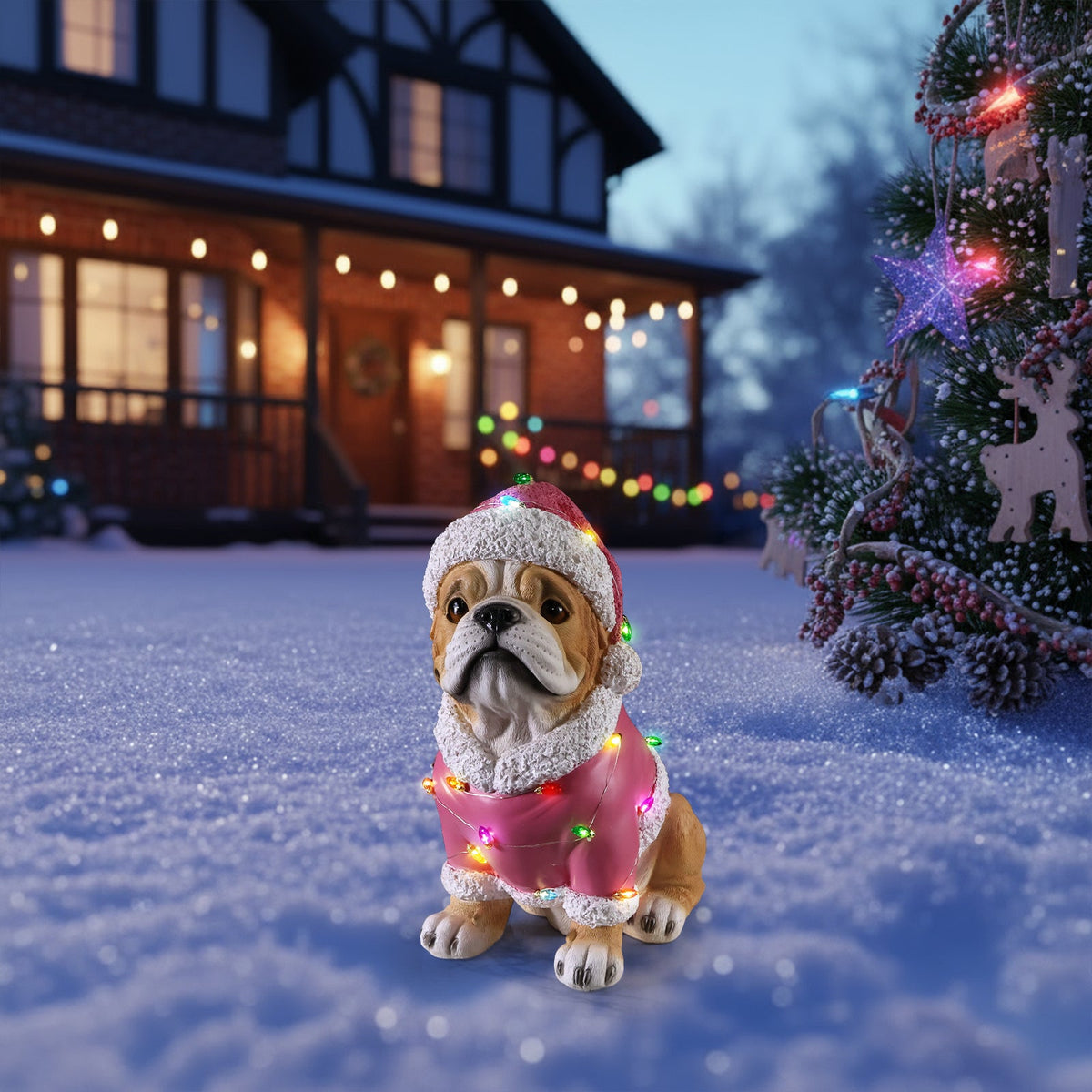 Christmas Pug Statue with Santa Outfit - Holiday Dog Figurine