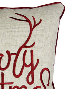 Christmas Throw Pillow with Embroidered Holiday Message - Red and Gold