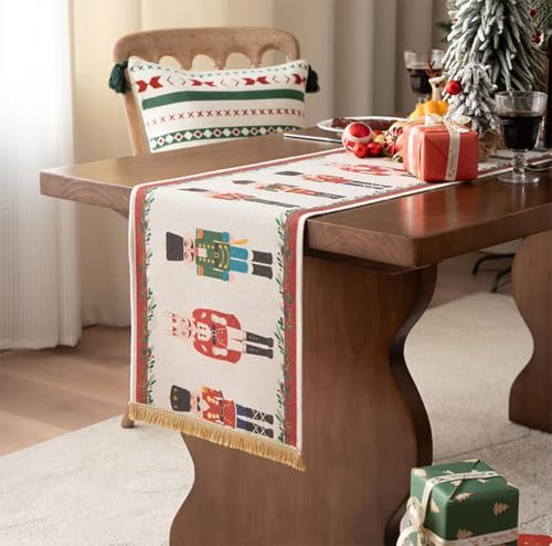 Fennco Styles Nutcracker Fringe Holiday Table Runner 14" W X 60" L - Multicolored Soldier Print Festive Table Cover for Christmas Décor, Banquet, Family Gathering and Special Events