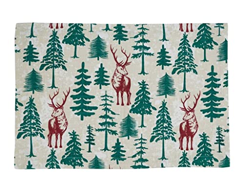 Fennco Styles Deer & Holiday Tree Christmas Cotton Table Runner 14"W x 72"L – Multicolor Woven Festive Table Cover for Winter Festivals, Holidays Décor, Banquets, Family Gatherings and Special Events