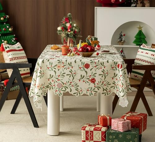Fennco Styles Holiday Berries and Leaves Christmas Tablecloth - Multicolored Festive Table Cover for Winter Holidays, Home Decor, Family Gatherings, and Special Occasions