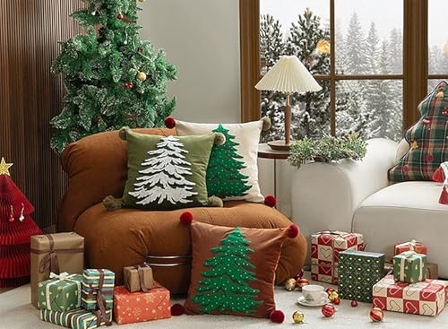 Fennco Styles Embroidered Christmas Tree Pom Pom Throw Pillow Cover 18" W x 18" L - Green Festive Cushion Case for Home, Christmas, Winter Holidays Décor, and Special Occasions