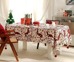 Fennco Styles Red Deer and Floral Pom Pom Christmas Tablecloth - Cotton Blend Festive Table Cover for Winter Holidays, Banquets, Family Gatherings and Special Occasions