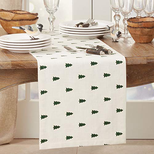 Fennco Styles Christmas Tree Cotton Table Runner 14" W x 72" L - Ivory Holiday Table Cover for Home Décor, Everyday Use, Banquet, Family Gathering and Special Occasion