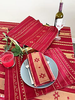 Fennco Styles Holiday Metallic Snowflake Printed Tablecloth 70" W x 70" L - Red Woven Table Cover for Home Décor, Banquet, Family Gathering, Christmas, Special Occasion (20"X20" Napkin, Set of 4)