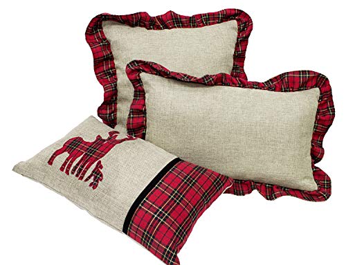 Fennco Styles Holiday Deer Tartan Plaid Ruffle Border Christmas Decorative Throw Pillow