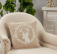 Fennco Styles Hand Beaded & Embroidered Wreath Reindeer Cotton Decorative Throw Pillow 18"W x 18"L – Natural Holiday Cushion for Home, Couch, Sofa, Bedroom, Office, Christmas Décor and Special Occasion