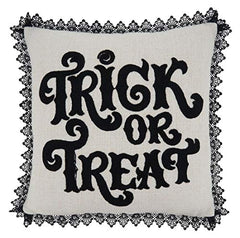 Fennco Styles Trick Or Treat Lace Trim Decorative Throw Pillow 16-Inch Square - Natural Cushion for Home, Couch, Living Room, Office and Halloween Decor