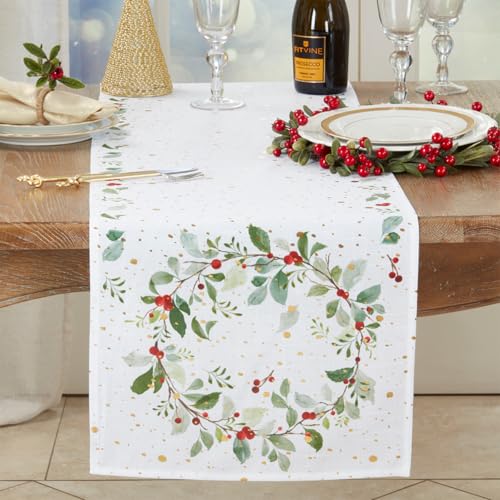 Fennco Styles Red Berry Wreath Table Runner 16" W x 72" L - White Table Cover for Dining Table, Banquets, Christmas, Winter Holiday Décor, Family Gatherings, and Special Events