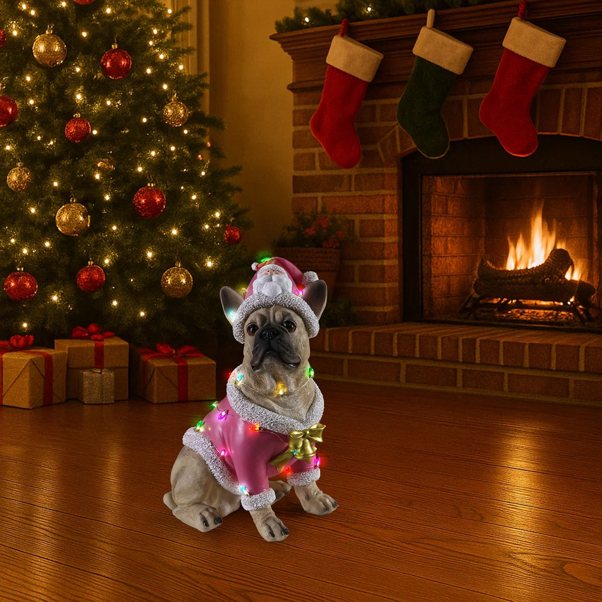 Christmas French Bulldog Statue with Pink Santa Outfit - Multi-Color