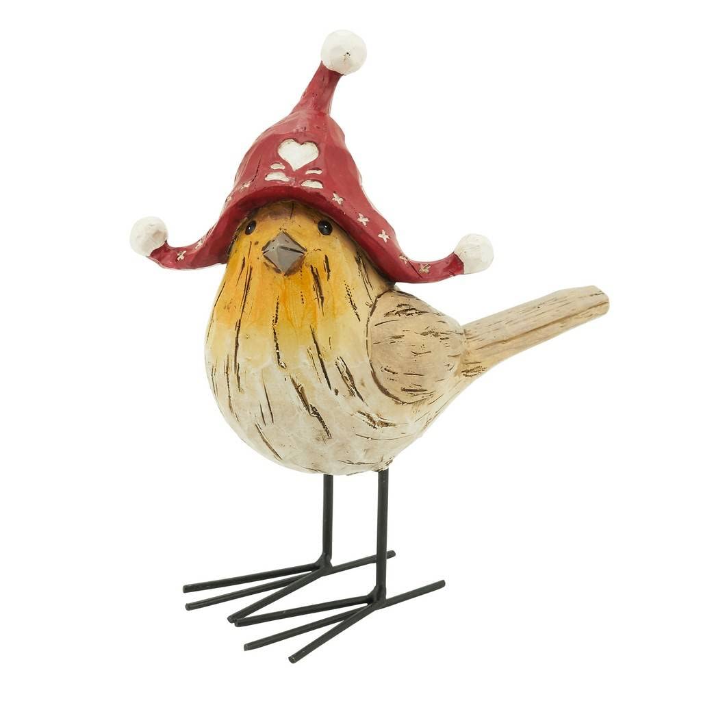 Fennco Styles Decorative Resin 4.5" High Standing Bird with Winter Hat Sculpture Figurine for Farmhouse, Tabletop, Bookshelf, Garden, Christmas and Holiday Décor